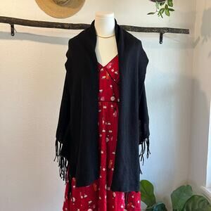 Chico's Black Cotton Blend Knit Fringe Tassel Poncho Shrug Cardigan Size S/M